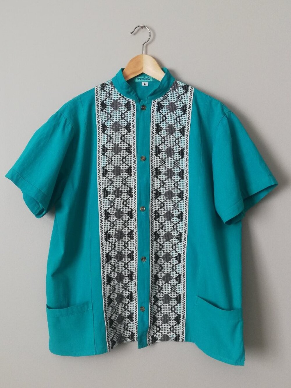 Vintage Mexican Artesanal Guayabera Shirt - Teal Cotton Manta - Size Large (G)